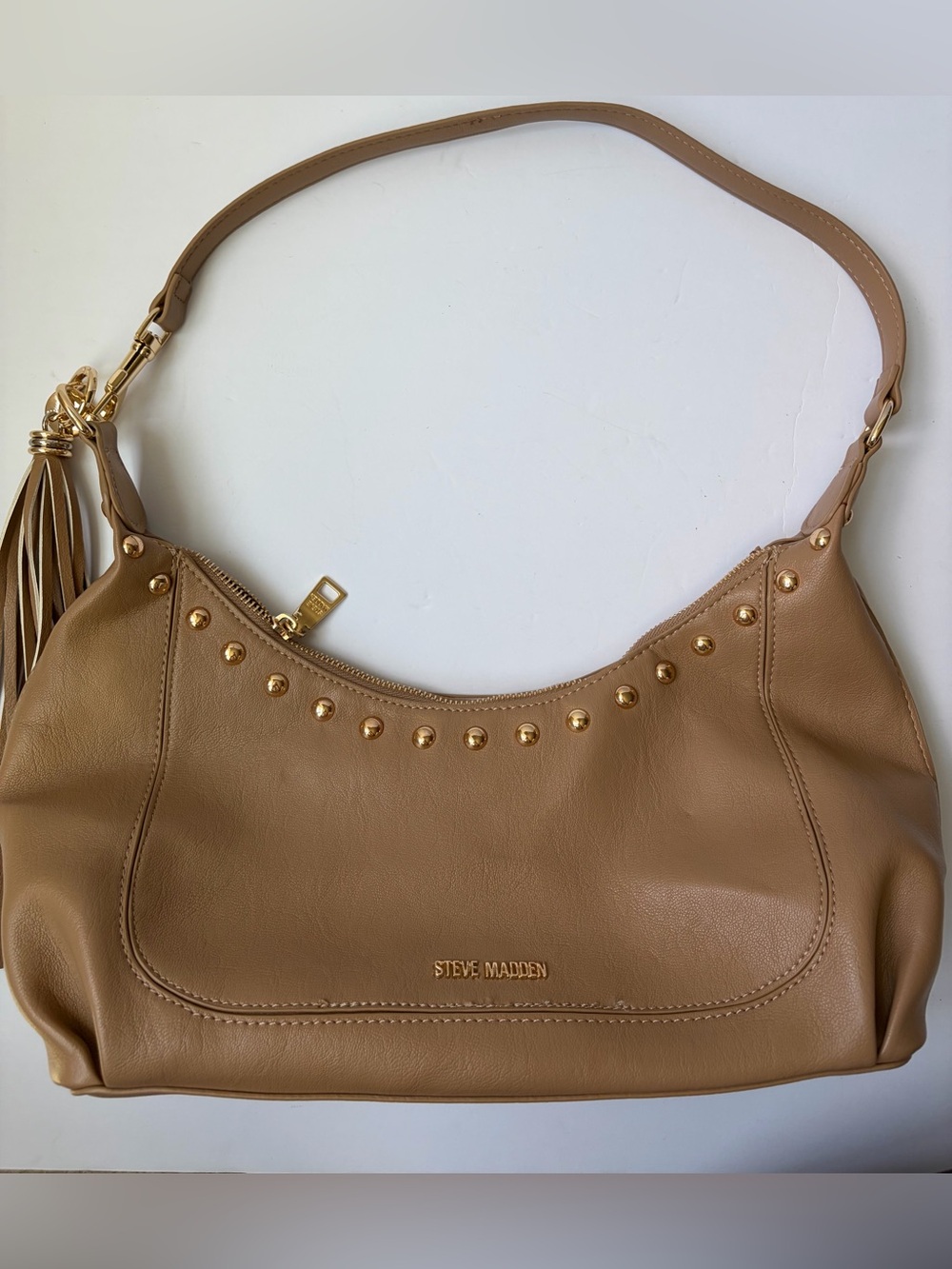 Steve Madden Tan Studded Hobo Shoulder Bag Gold Hardware Tassel Boho